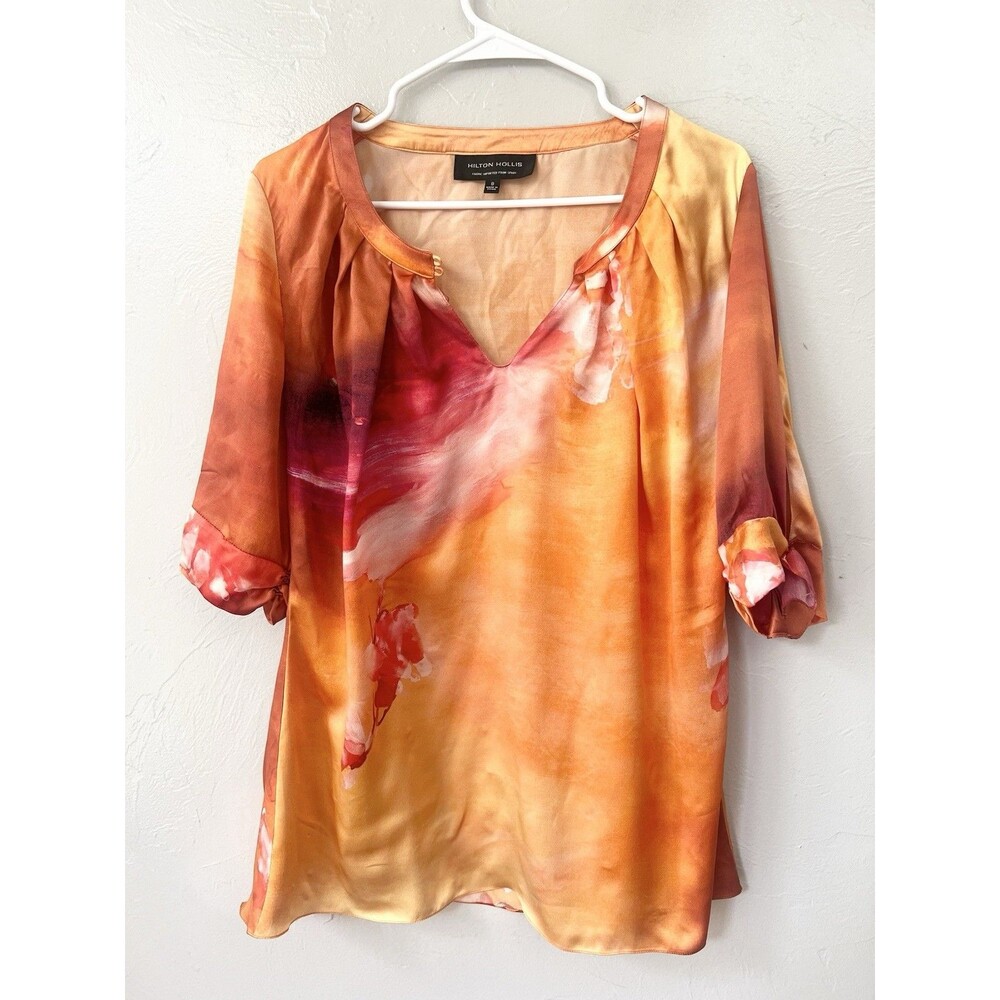 Hilton Hollis 100% Silk Puff Sleeve Watercolor Blouse Floral Top Shirt Size 8 M